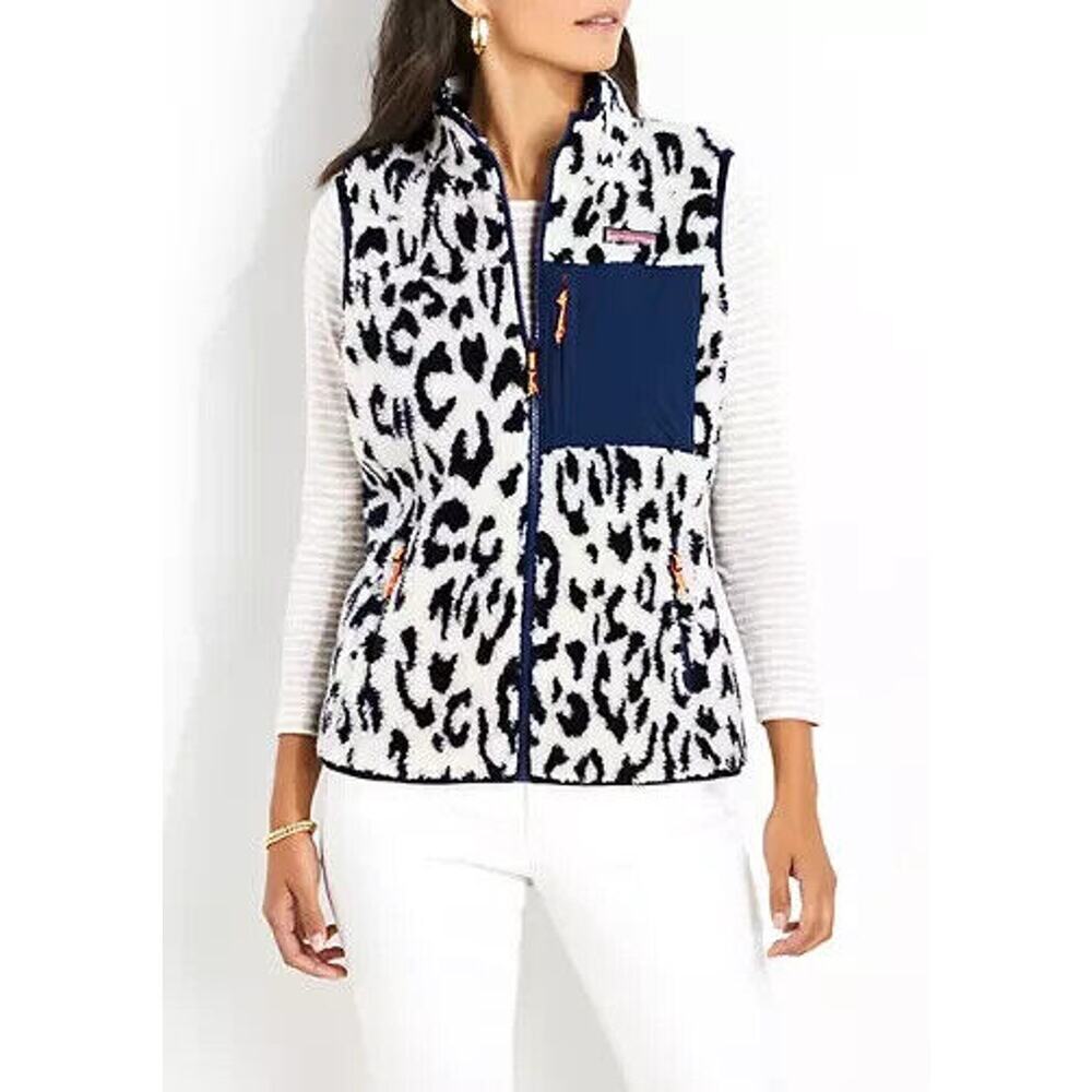 Vineyard Vines Leopard Print Mixed Media Sherpa Vest Supershep Women's Size XS - Picture 12 of 13